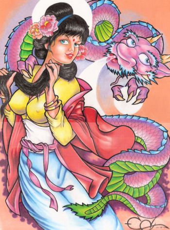 Art Galleries - Ed Perdomo - pin up chinese girl and pink dragon